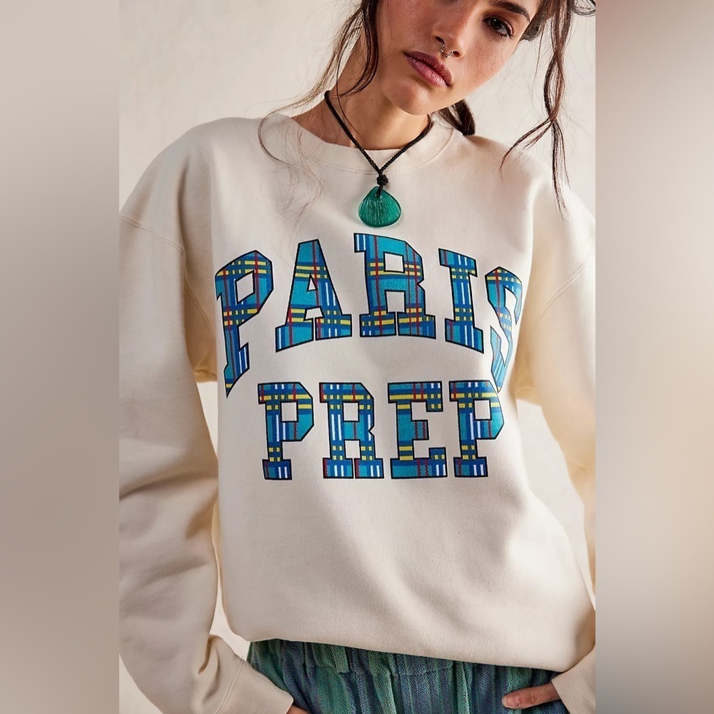 Free People Cream 'Paris Prep' Graphic Sweatshirt with Blue Lettering